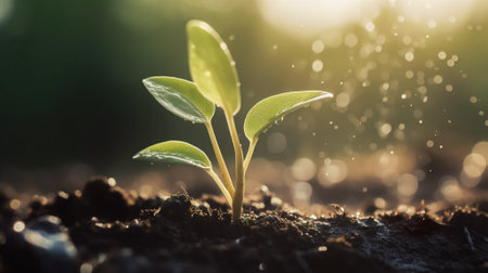 Green seedling illustrating concept of new life and beginning to grow from seed. Generative AI.の素材