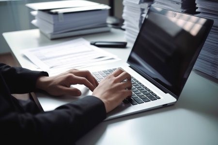 Businessman working with laptop and documents on desk in office. Generative AI.の素材