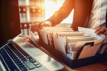 Businessman working with laptop and documents on desk in office. Generative AI.の素材