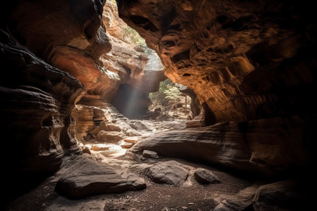 Beautiful view of the inside of a cave. Generative AI.の素材