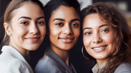 Portrait of three young multiethnic businesswomen looking at camera. Generative AI.の素材