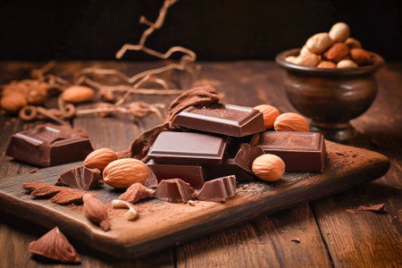 chocolate with nuts on a wooden board, dark background, selective focus. Generative AI.の素材
