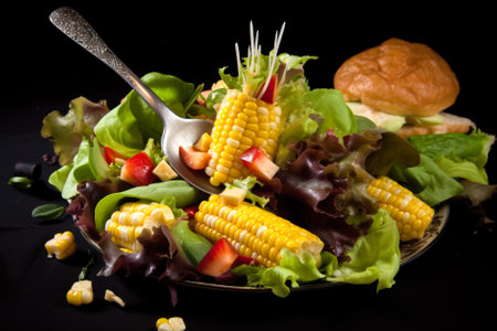 Fresh vegetable salad with corn and hamburger on a black background. Generative AI.の素材