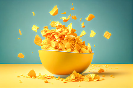 Yellow bowl with flying cornflakes on blue background. Generative AI.の素材