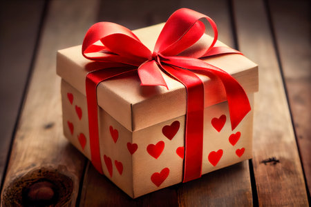 Gift box and red hearts on wooden background. valentines day. Generative AI.の素材
