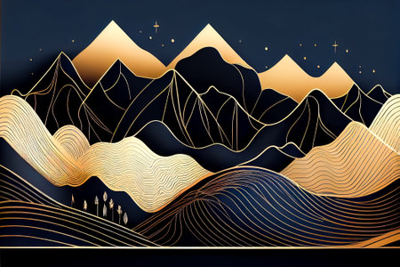 Mountain landscape background with gold and black ornament. Generative AI.の素材