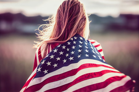 back view of girl with american flag. Generative AI.の素材