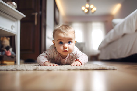 Cute baby girl crawling on the floor and looking at the camera. Generative AI.の素材