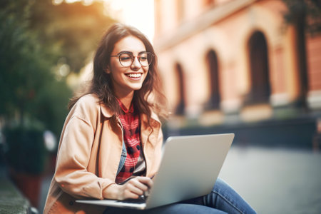 Smiling young woman in eyeglasses using laptop computer while sitting outdoors. Generative AI.の素材