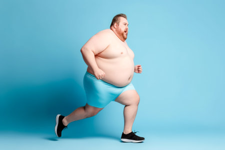 Overweight man running on blue background. Full length portrait of overweight man in blue shorts and sneakers. Generative AI.の素材