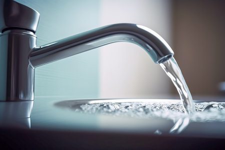 Faucet with flowing water, close-up, shallow depth of field. Generative AI.の写真素材