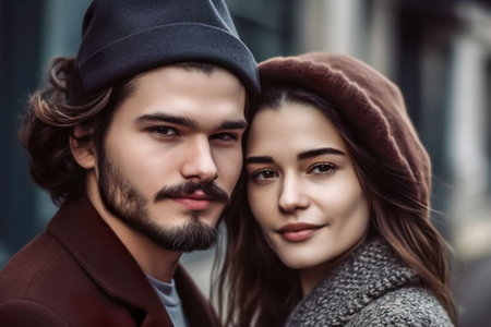 beautiful young couple in black leather jackets walking in the city street. Generative AI.の素材