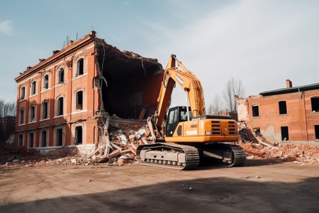 Demolition of an old building. Excavator digs the ground. Generative AI.の素材