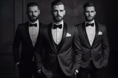 elegant men in tuxedo posing over black background. Men's beauty, fashion. Generative AI.の素材