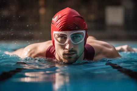 Portrait of a male swimmer in goggles and cap swimming in the pool. Generative AI.の素材