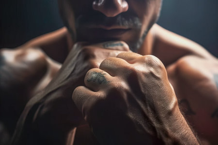 man in fighting stance close-up. Generative AI.の写真素材