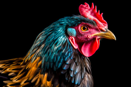 Portrait of a rooster on a black background, close-up. Generative AI.の素材