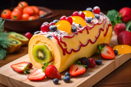 Strawberry, blueberry, kiwi and strawberry roll cake. Generative AI.の写真素材
