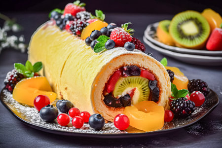 Strawberry, blueberry, kiwi and strawberry roll cake. Generative AI.の写真素材