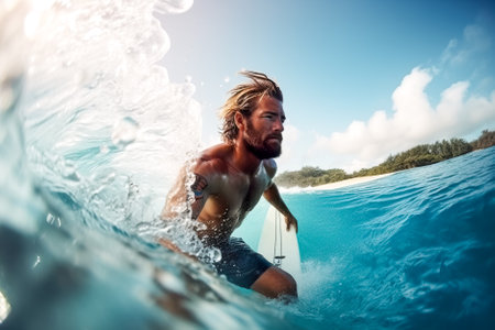 Surfer in the ocean with surfboard. Surfer in the ocean. Generative AI.の写真素材