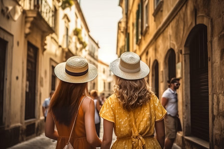 Back view of two young women with straw hats walking in the city. Generative AI.の素材