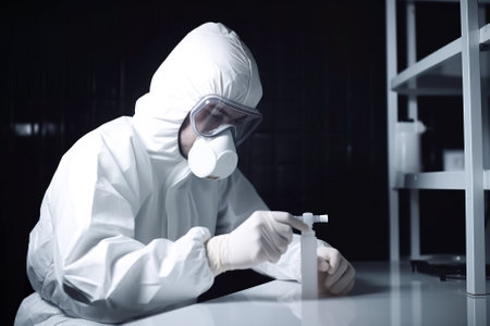 scientist in protective suit and mask working with reagents in laboratory. Generative AI.の写真素材
