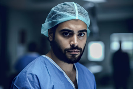 Portrait of a male surgeon at work in the operating room. Generative AI.の素材