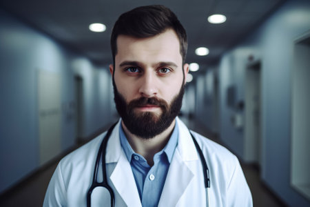 Portrait of a handsome male doctor with stethoscope on his neck. Generative AI.の写真素材