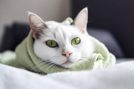 White fluffy cat lying on the bed and looking at the camera. Generative AI.の素材