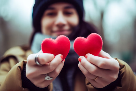 Young woman holding two red hearts in her hands. selective focus. Generative AI.の素材