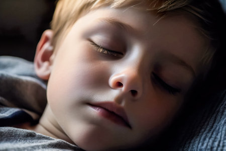 Close-up portrait of a little boy with closed eyes lying in bed. Generative AI.の素材
