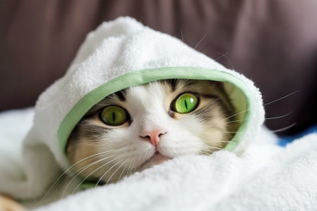 White fluffy cat lying on the bed and looking at the camera. Generative AI.の素材