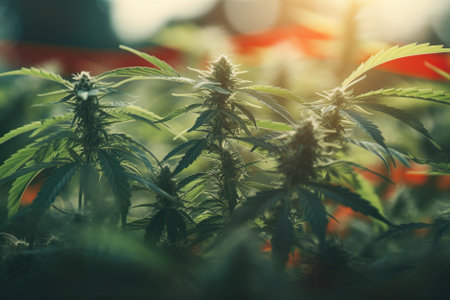 Cannabis plantjuana leaves, Growing cannabis indica, background green, cultivation cannabis, light leaks color tones. Generative AI.の素材