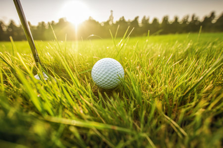 Golf ball on green grass in beautiful golf course at sunset. Generative AI.の素材