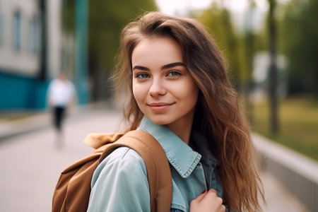 Portrait of a beautiful young woman with blond hair in a beige coat on the street. Generative AI.の素材