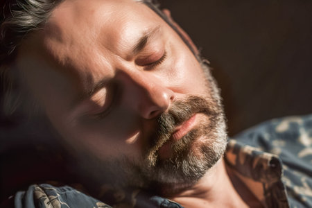 Close-up portrait of a bearded man sleeping in the bed. Generative AI.の素材