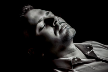 Close-up portrait of a bearded man sleeping in the bed. Generative AI.の素材