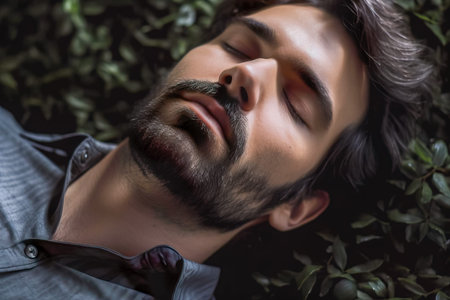 Close-up portrait of a bearded man sleeping in the bed. Generative AI.の素材