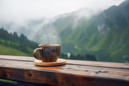 Coffee cup on wooden table in the mountains with fog. Generative AI.の素材