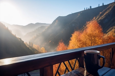 Coffee cup on wooden table in the mountains with fog. Generative AI.の素材