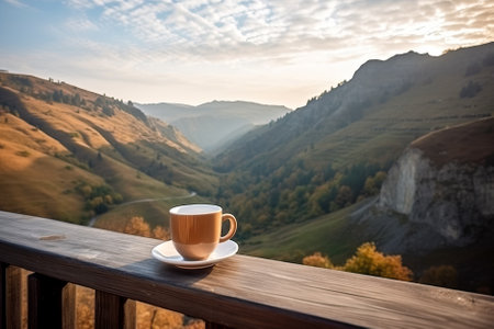 Coffee cup on wooden table in the mountains with fog. Generative AI.の素材