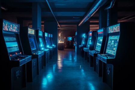 arcade machine in the dark room, vintage color toned picture. Generative AI.の素材