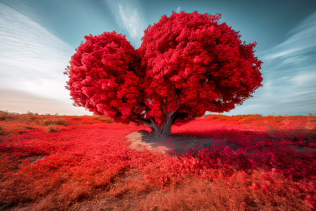 Valentine's day background with red heart-shaped tree in the field. Generative AI.の素材