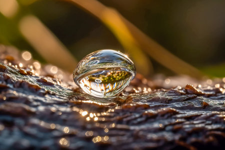 Water drop on a rock with bokeh background and sunlight. Generative AI.の素材