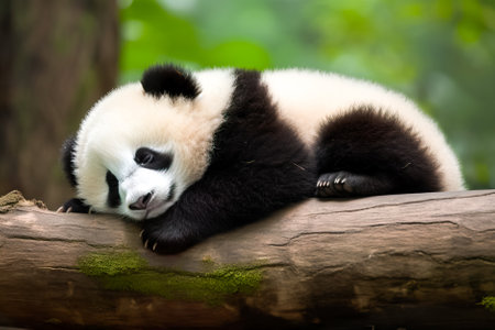 Giant panda lying on the log and looking at the camera. Generative AI.の素材