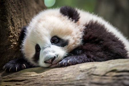 Giant panda lying on the log and looking at the camera. Generative AI.の素材