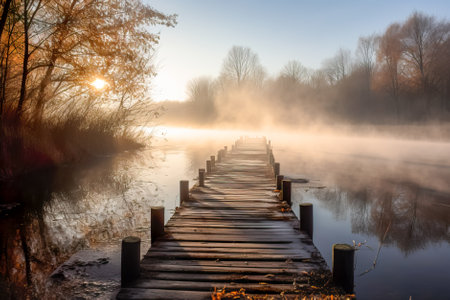 Wooden pier on the lake in the early morning. beautiful scenery. Generative AI.の素材