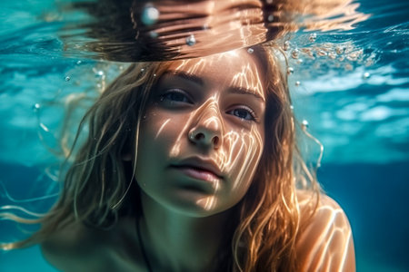 Close-up portrait of a beautiful girl underwater. underwater photography. Generative AI.の素材