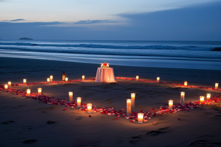 Wedding table on the beach with red rose petals. Generative AI.の素材