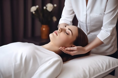 cropped view of masseur doing neck massage to woman in spa salon. Generative AI.の素材